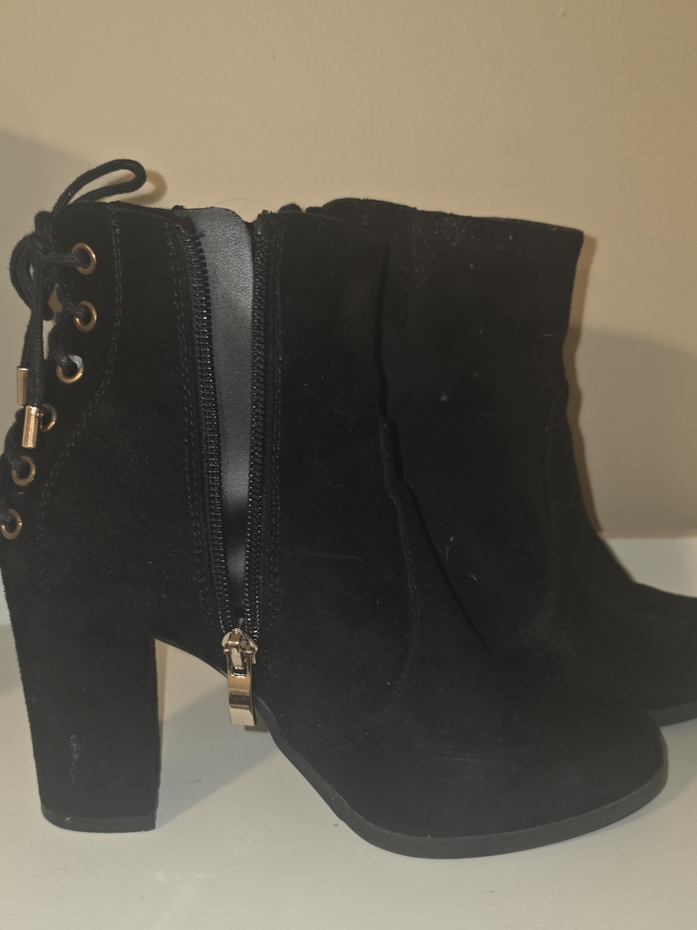 Black Suede Lace-Up Block Heel Ankle Boots